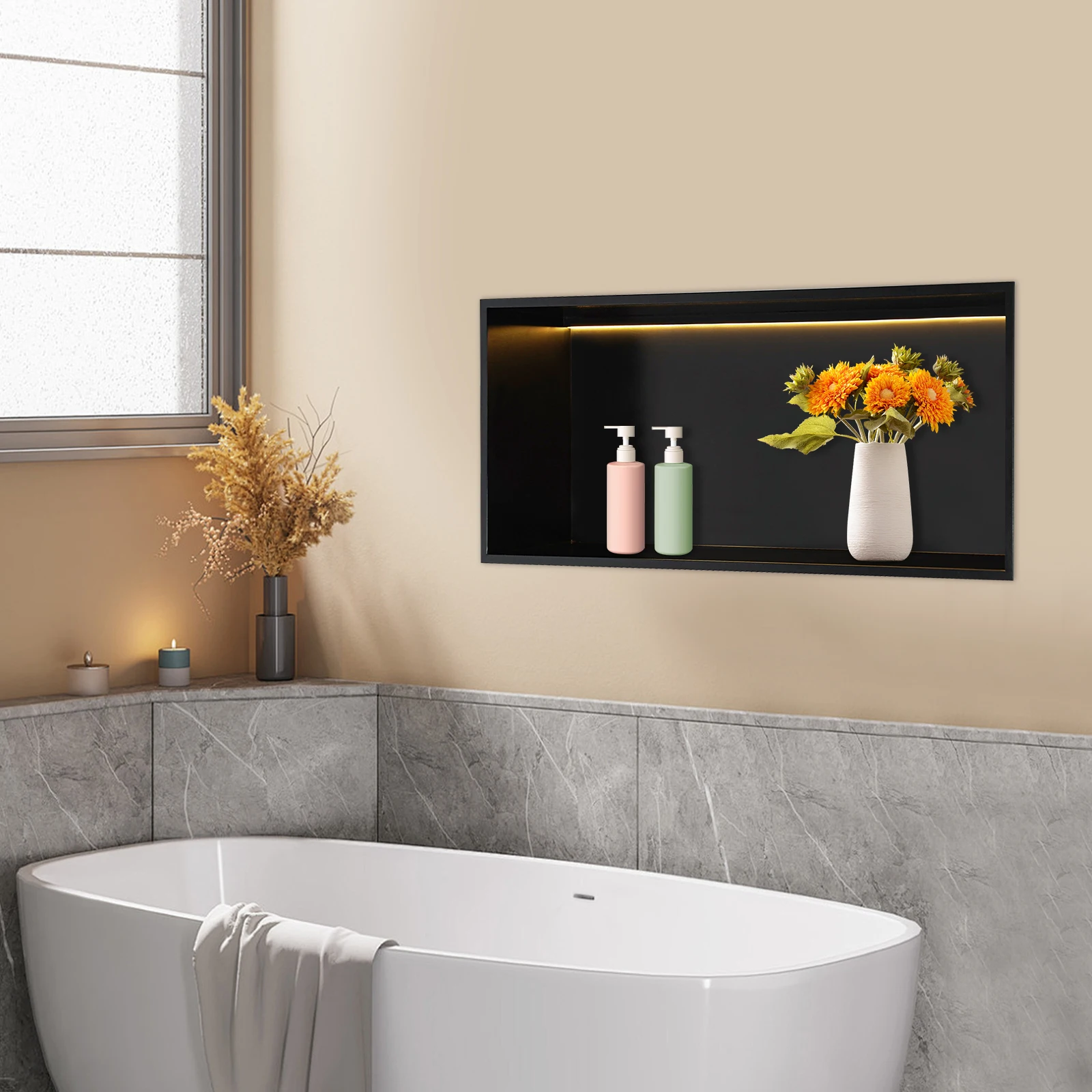 

70 CM Modern Recessed Shower Shelf with LED Stainless Steel Recessed Shower Shelf for Bathrooms Toilets Bedrooms 70*28*12.5 cm