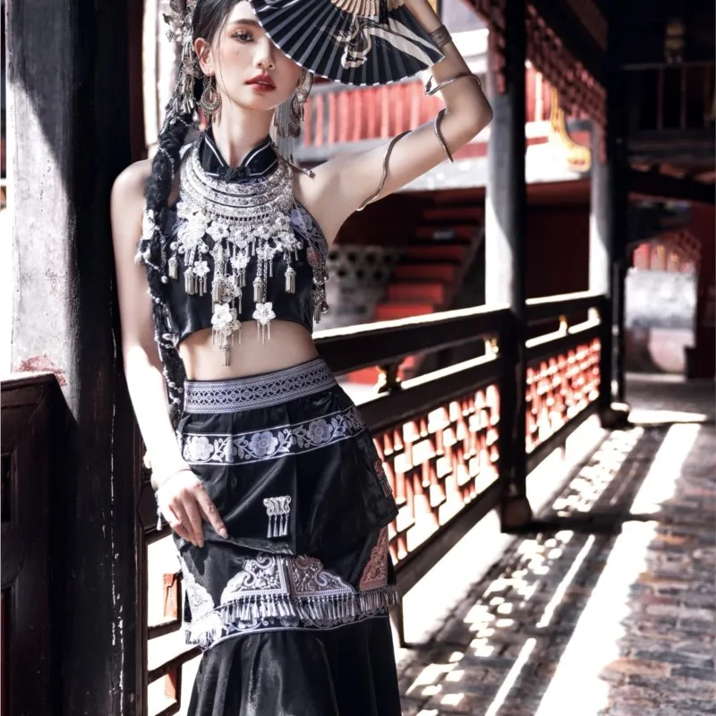 Miao Costume Long Skirt Ethnic Minority Dress of Suit Style Clothing Travel Photography New