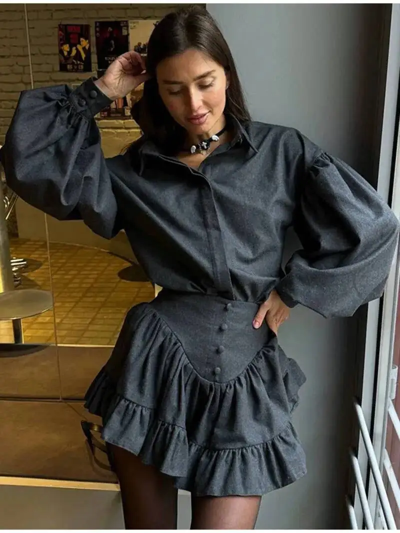 

Plaid Print Shirt Ruffles Skirts Set Women Elegant Lapel Button Up Tops Loose Mini A-line Skirt Spring New Lady Chic Outfit