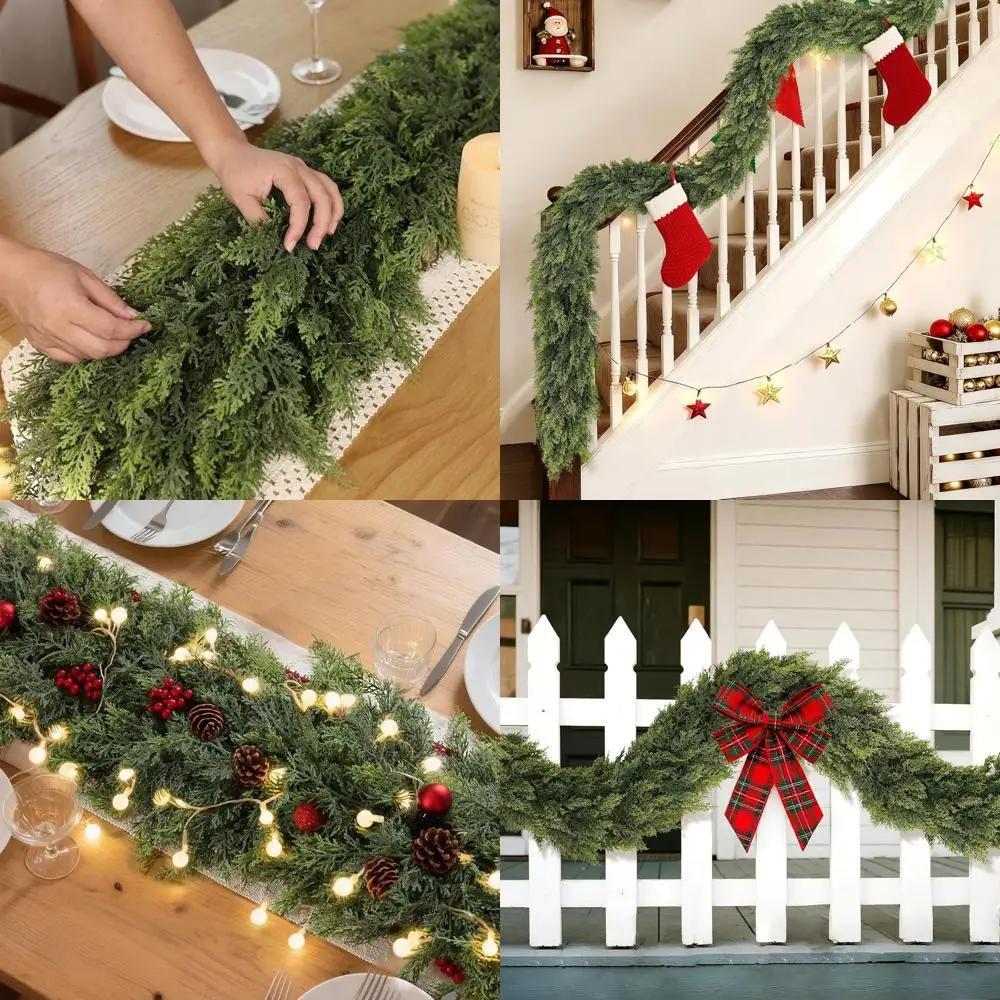 

16-футовая искусственная кедровая гирлянда, пишно-зеленые иглы из искусственной сосны для камина, стола, окна, лестницы, мантии, отдыха в помещении и на открытом воздухе