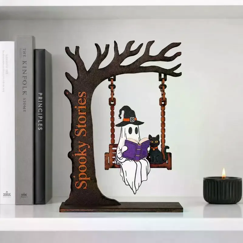 Ghost Swing Figurine Wooden Tree Halloween Decor Pumpkin Witch Hat Spooky Tabletop Party Decor Gift