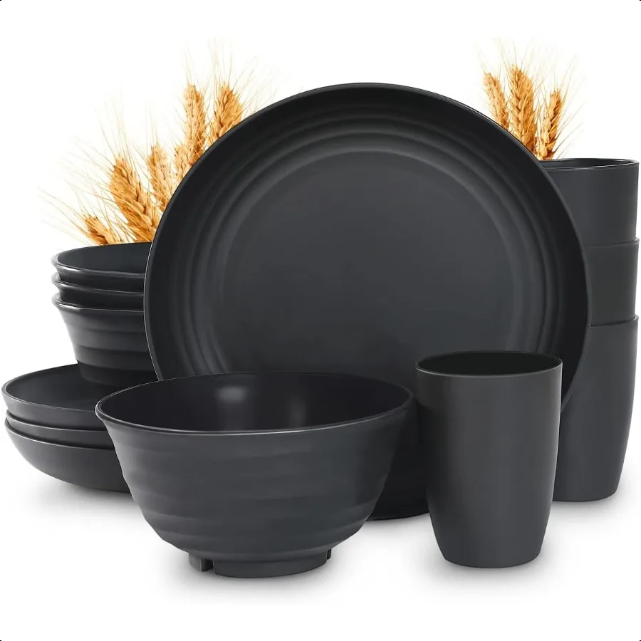 12pçs conjuntos de louça de palha de trigo de plástico, conjuntos de pratos e tigelas de palha de trigo para 4 entradas de dormitório universitário, máquina de lavar louça de micro-ondas