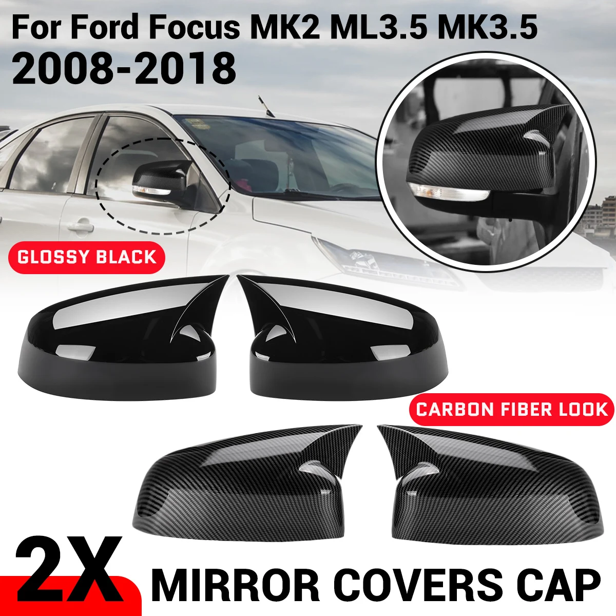 

Pair For Ford Focus 2 3 MK2 MK3 Side Wing Mirror Caps Covers Add-On For Mondeo MK4 2008-2018 Horn Style Rearview Mirror Cap