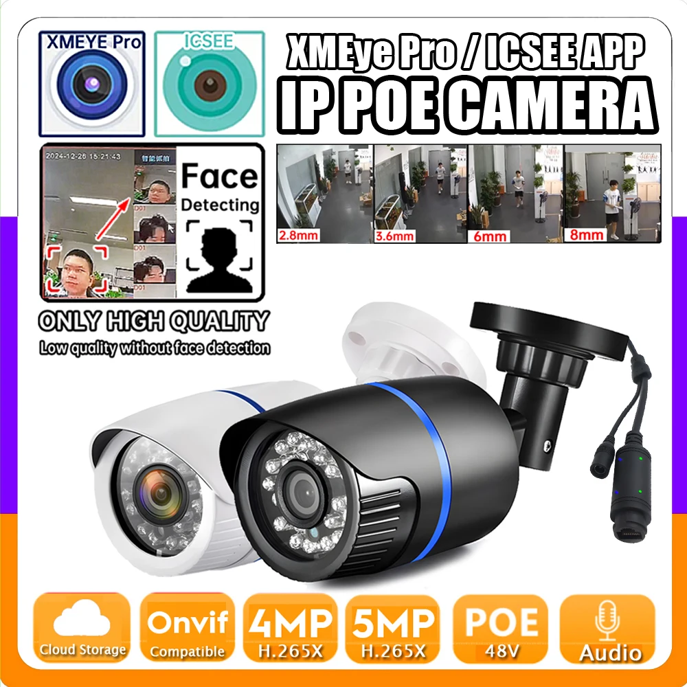 

5MP 4MP Audio POE IP-камера H265 HD Полностью цифровой микрофон Водонепроницаемая уличная Onvif Облачное хранилище Ai Обнаружение лица/движения ICSEE XMEYE