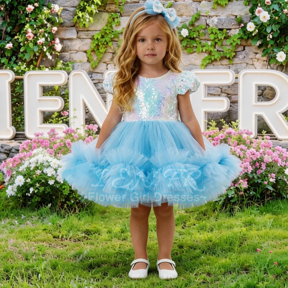 

Индивидуальное платье для девочки-цветочницы: светло-голубое, с пайетками, бантом, для свадьбы, дня рождения, вечеринки, подружки невесты, выступления на сцене