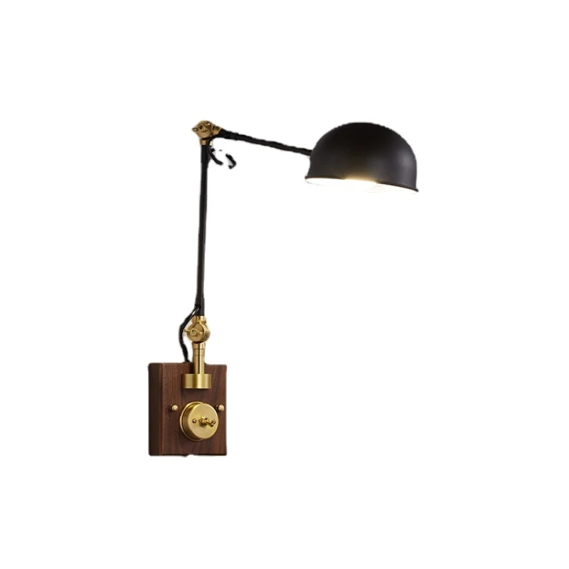 ZC Retro Wall Lamp Industrial with Switch Long Arm Solid Wood Copper Bedroom Bedside Lamp