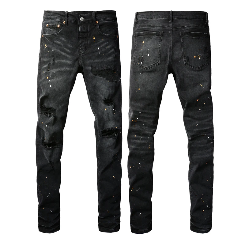 

American High Street Black Jeans Men's Ripped Inkjet Skinny Jeans 2025 Trend New Straight Leg Pencil Denim Trousers