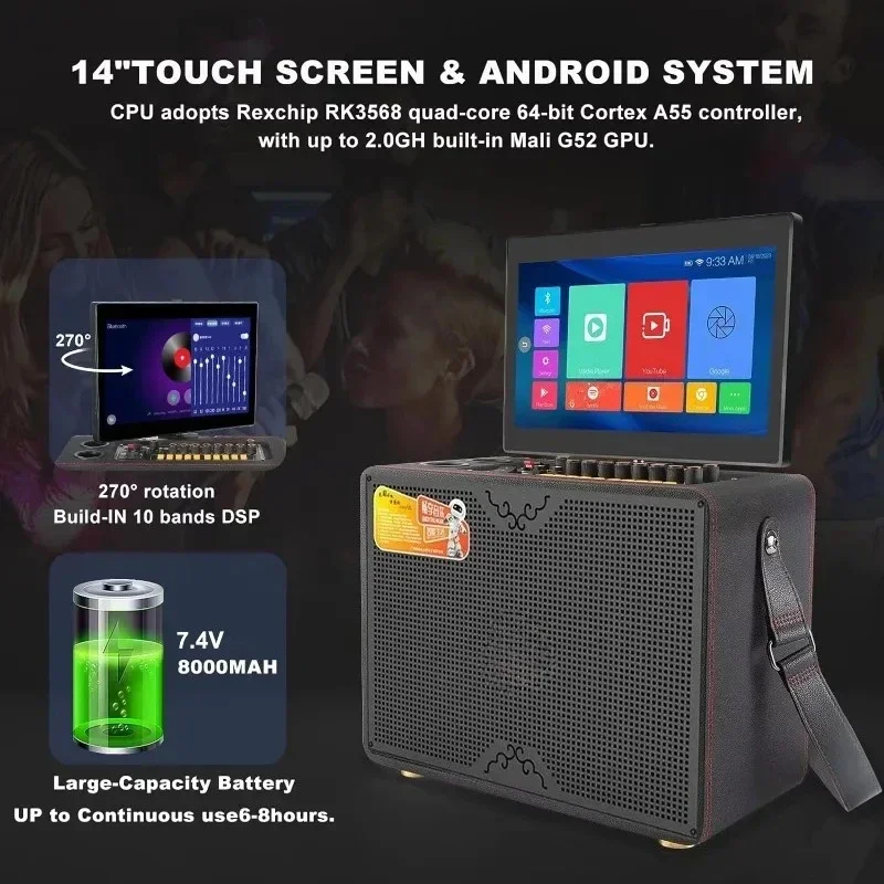 

Adult Karaoke Machine with Lyrics Display + 2 Wireless Microphones,Karaoke Systems with 14" HD Touch Screen