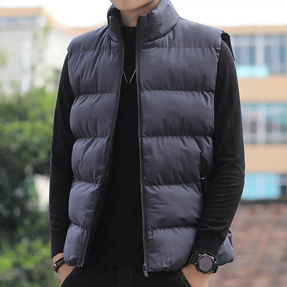 Men Waistcoat Stand Collar Sleeveless Zippered Pockets Solid Color Vest Coat Thickened Warm Windproof Vest Outwear