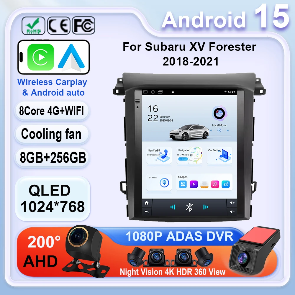 9.7 Inch QLED For Subaru XV Forester 2018-2021 Car Radio Android 14 4G WIFI Carplay Stereo 2 Din No DVD Player GPS Navigation