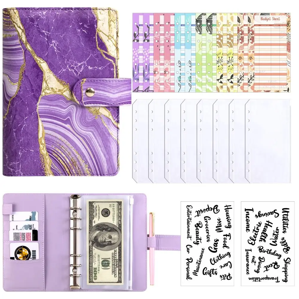 with Zipper Cash Envelopes Budget Binder A6 Buckle Money Saving Organizer Marble Gilding PU Leather Financial Notebook for Cash