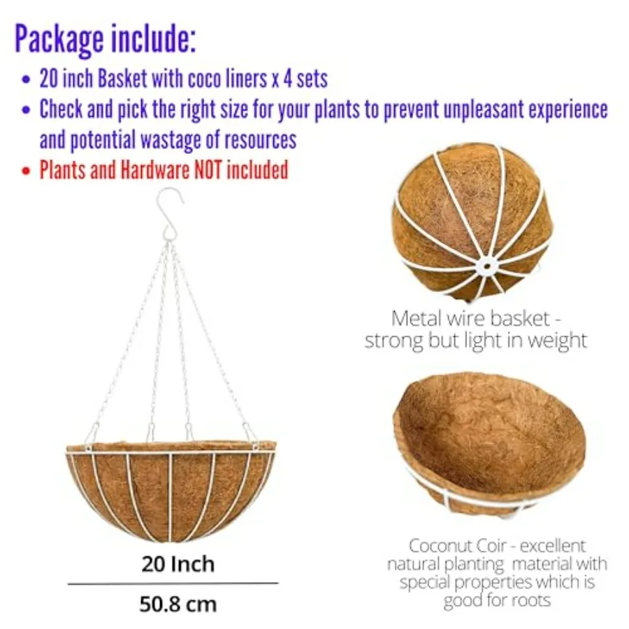 Outdoor hanging planter set: white metal wire, 20 inch, 4 pack, extra large, with coco liner, round, modern country decor for b