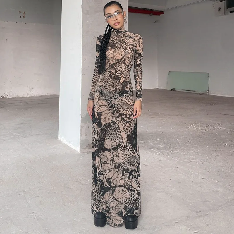 Women's 2026 Summary New Fashion Mesh Print Transparent High-neck Smart Fit Clothes Wedding Dress Vestidos Y2k、 Clothes