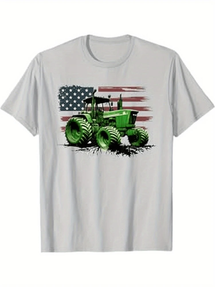Patriotic Farm Tractor & USA Flag with Vintage Green Tractor Design-100% cotton O-neck short sleeve printed men's T-shirt.