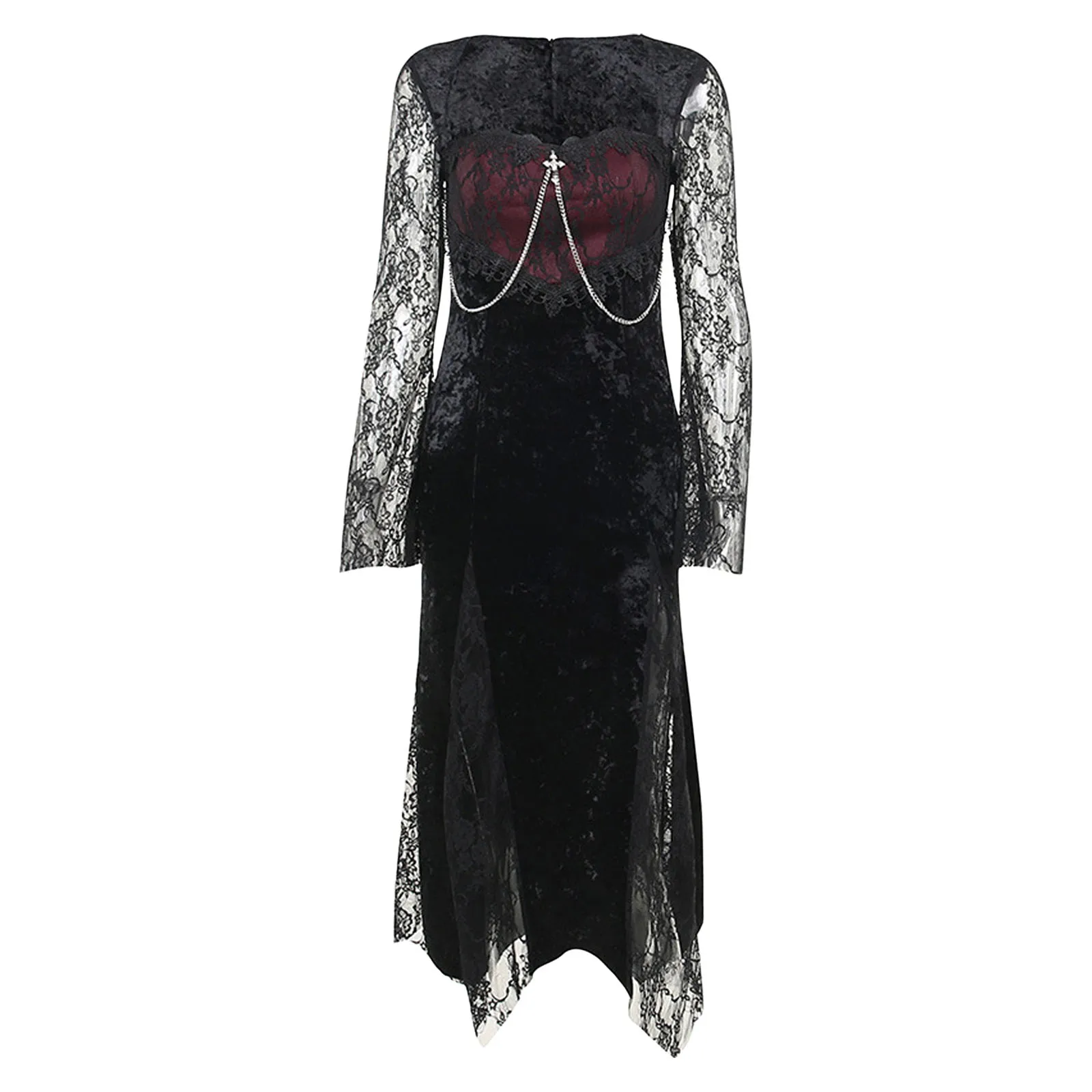 

Womens Gothic Punk Dress Flared Long Sleeve Slit Hem Sheer Floral Lace And Velvet Dress for Halloween Vampire Cosplay Party