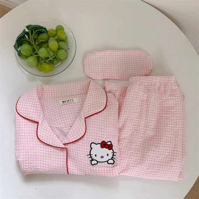 Hello Kitty Women\'s Pajamas Lapel Cotton Two-piece Set Women\'s Clothing Cartoon Sanrio Women\'s Pajamas Hello Kitty Homewear