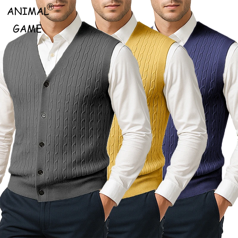 Autumn Men's V Neck Knit Sweater Vest Button Down Sleeveless Cable Cardigan Vest Outdoor Business Lightweight Cardigan Coats