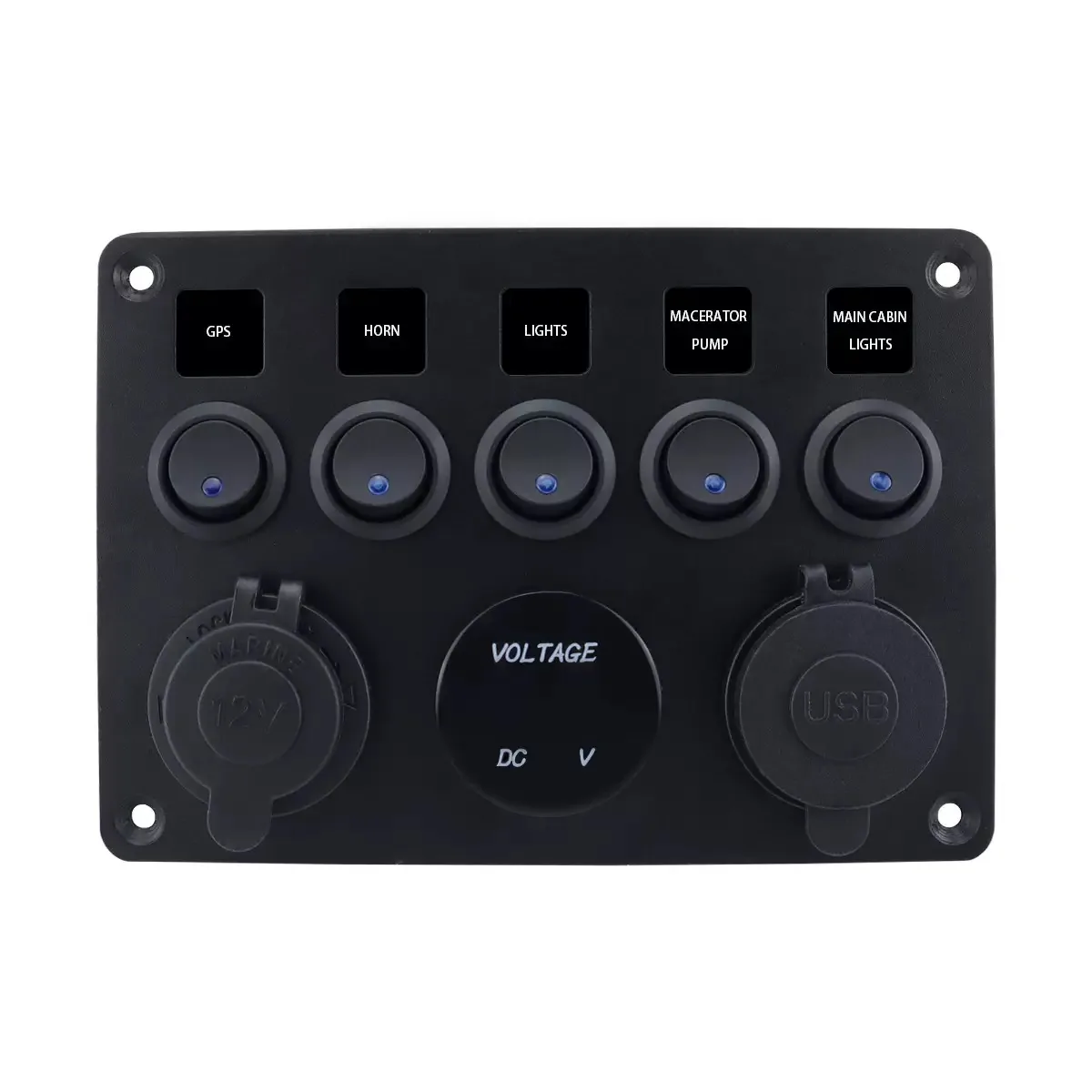 5-Gang Cat Eye Blue LED Switch Panel for Yacht & RV, Marine Boat Switch with USB & Cigarette Lighter