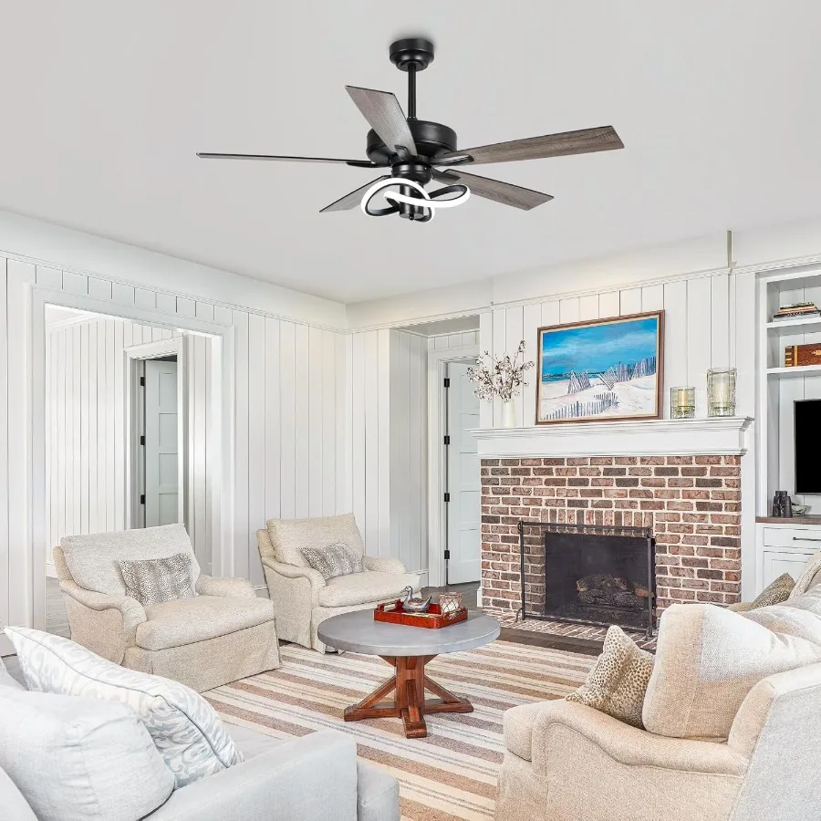 Ventilador de teto de 52 polegadas com luz integrada e controle remoto para quarto Design preto de baixo perfil adequado para pátios ao ar livre F