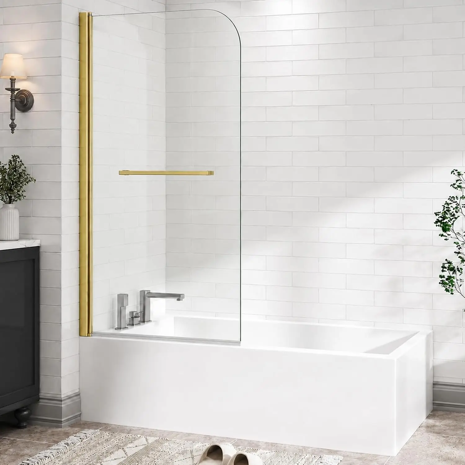 31-32” W x 55” H Frameless Pivot Bathtub Shower Door, Brushed Gold