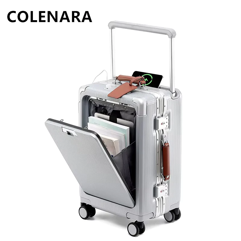 

COLENARA Laptop Luggage Front Opening Aluminum Frame Trolley Case USB Charging Boarding Case 20"24"26Inch Cabin Suitcase