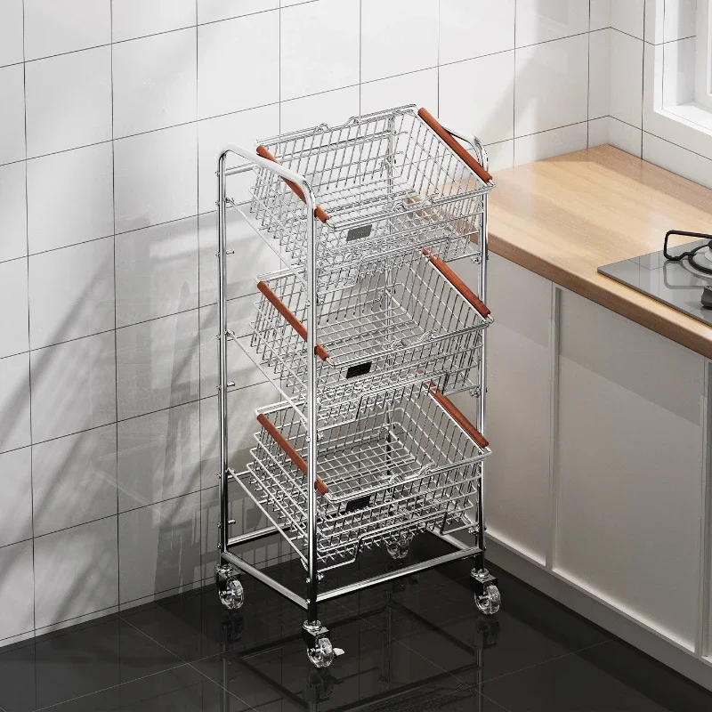 Floor Standing Vegetable Storage Cart Home Rolling Fruit Basket Organizer Multi-Tier Snacks Shelf Space Saving Kitchen Trolley