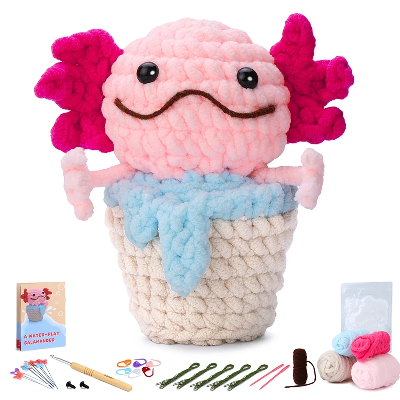 BMBY-Crochet Kit DIY Salamander Crochet Kit With Knitting Yarn Needles Plush Doll Easy(Pink)