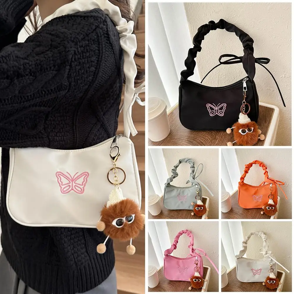 Lovely Embroidered Bowknot Butterfly Shoulder Bag Women Pleated Nylon Handbag Oxford Tote Half-moon Bag Underarm Bag Fashio V0C4