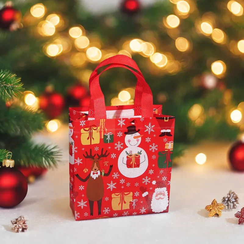 Merry Christmas Gift Bags with Handle High-capacity Foldable Storage Handbag Non Woven Cartoon Print Santa Elk Party Supply TMZ