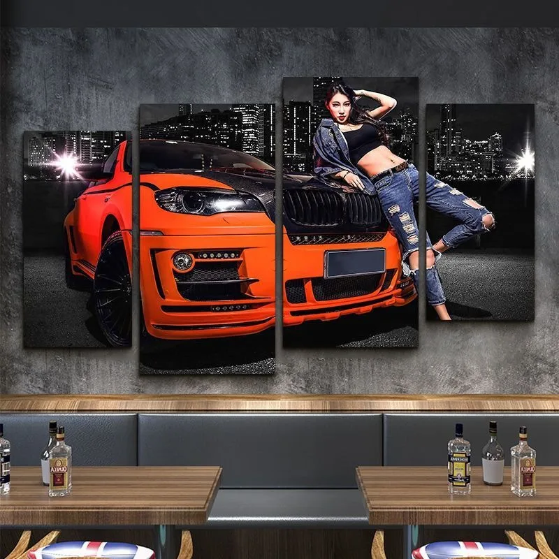 Unframe 4Pcs Luxury Sports Car Exhibition Fashion Car Industry Motorcycle Wall Art Canvas Posters Pictures Painting Home Decor