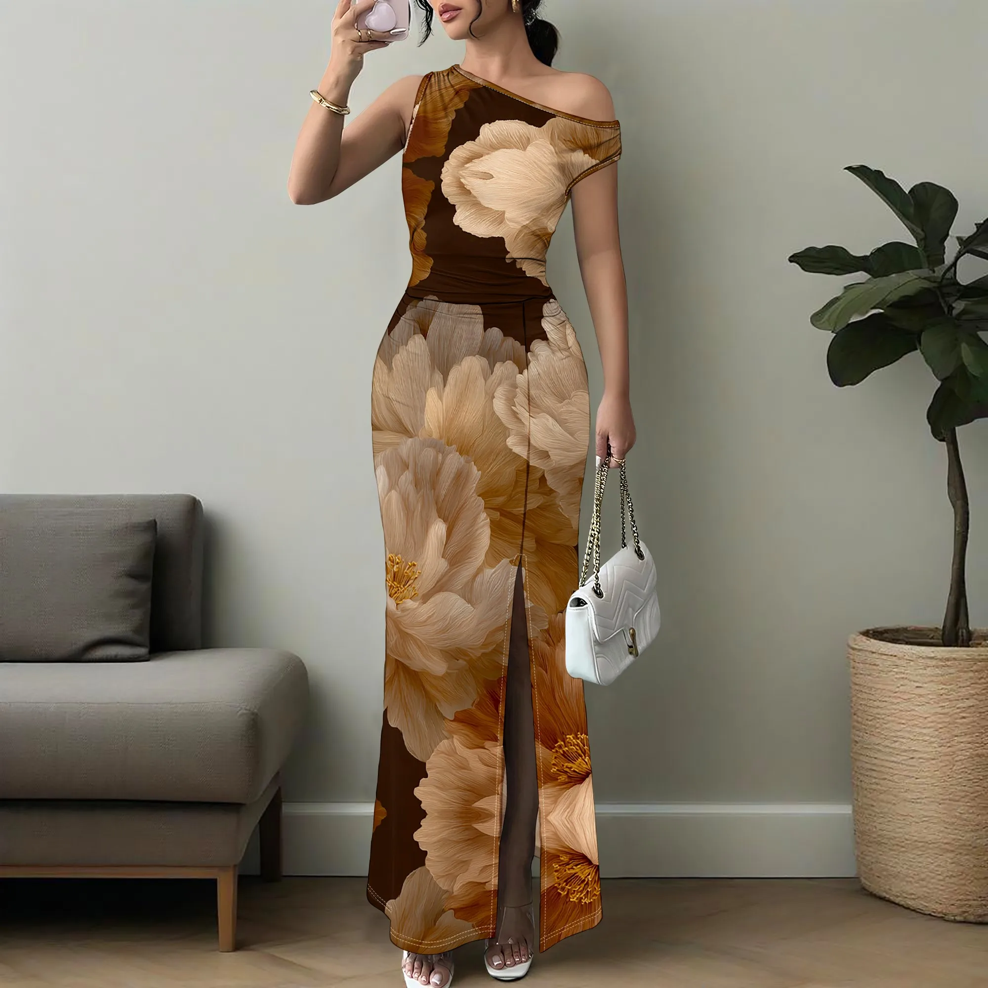 

Elegant Women's One Shoulder Maxi Dress Bodycon Side Slit Fall Floral Print Long Party Gown XS-3XL