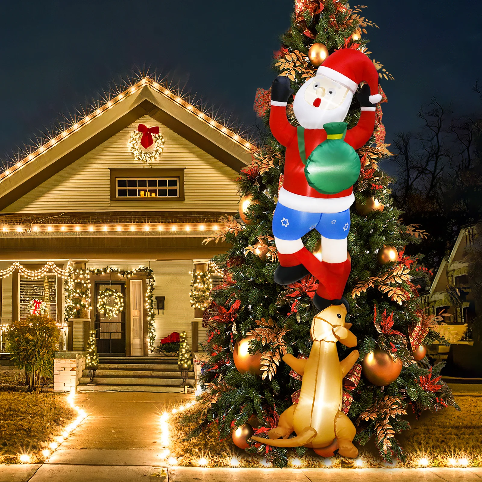 6ft Christmas Inflatable Climbing Old Man and Dog with Built-in LED, Outdoor Christmas Decorations for Yard Tree Window Eaves