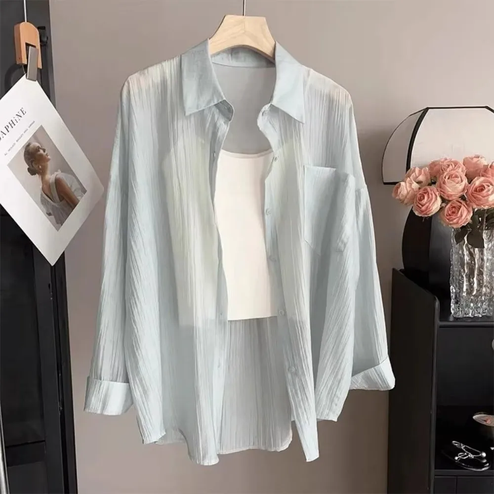 Loose Fit Sunscreen Shirt Long Sleeve Sun-Protective Ice Silk Shirt Sheer Chiffon Lightweight Breathable Shirt