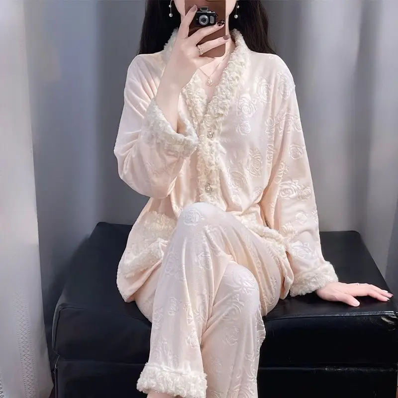 

Princess Style Women's Autumn Ins Home Clothes Sleepwear Long Sleeve Lace Patchwork Long Pants Two Piece Set with Chest Pad