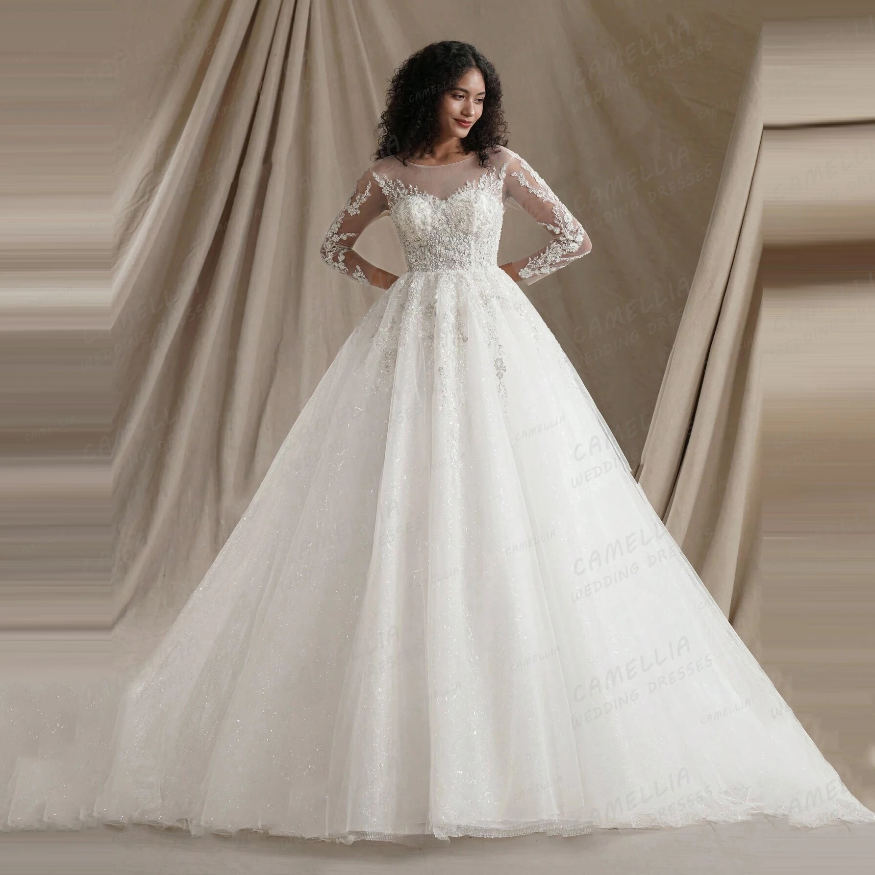 Luxus Brautkleider Damen A-Linie Flauschiger Tüll Brautkleider Applikationen Langarm Formal Elegant Vestido De Novia Maßgeschneidert