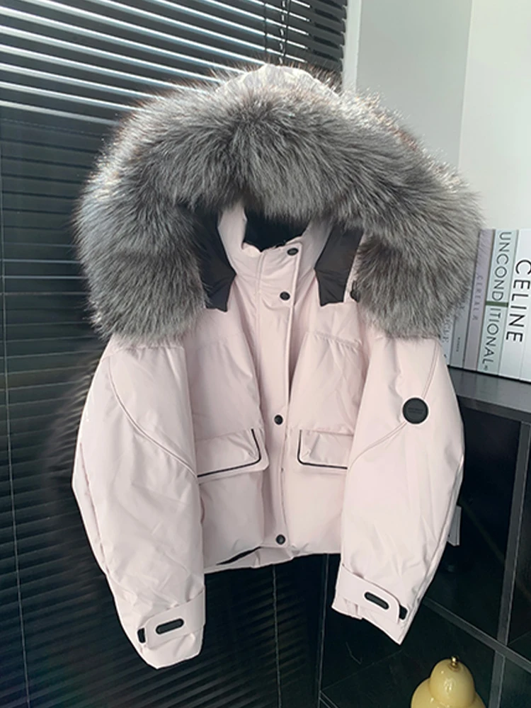 Chaquetas de plumas de ganso auténtico cálidas para invierno, abrigo con cuello de piel de zorro Natural, chaquetas acolchadas con capucha para exteriores, abrigos gruesos para mujer