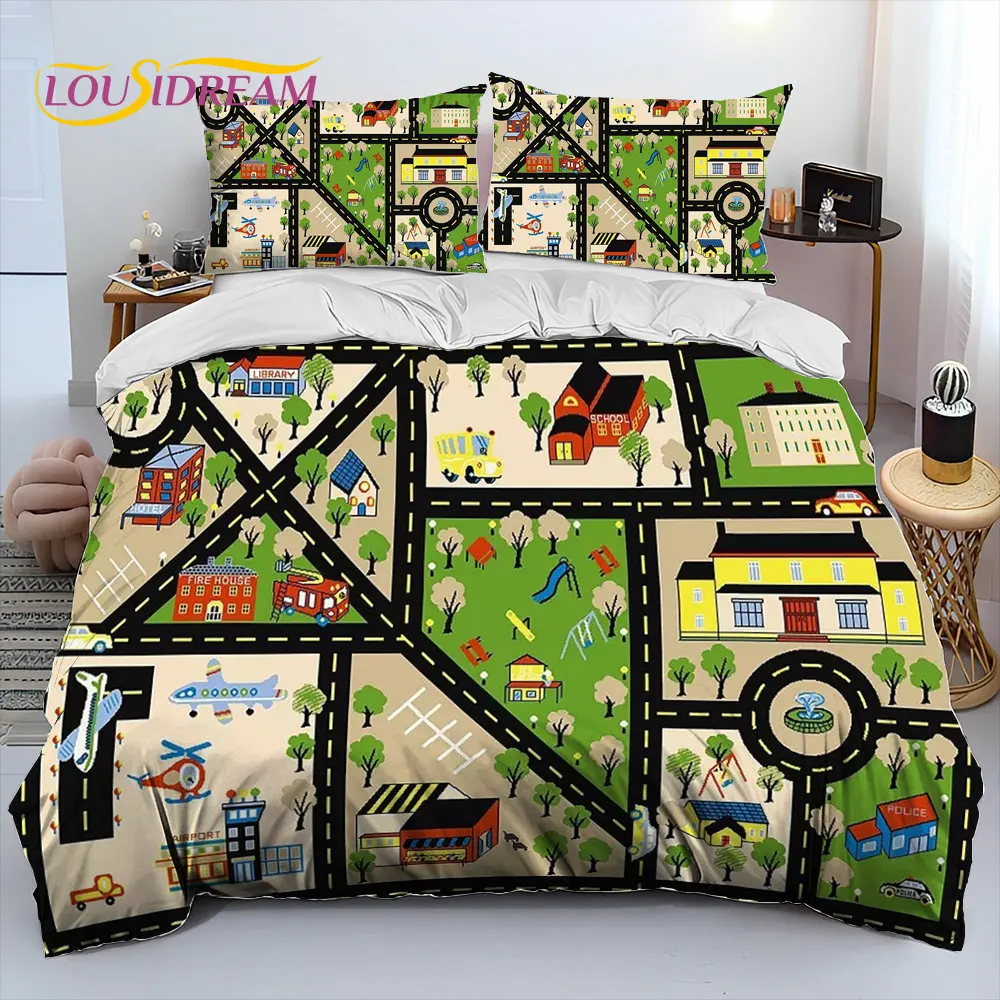 Child Highway City Traffic Comforter Bedding Set,Duvet Cover Bed Set Quilt Cover Pillowcase,King Queen Size Bedding Set for Kids