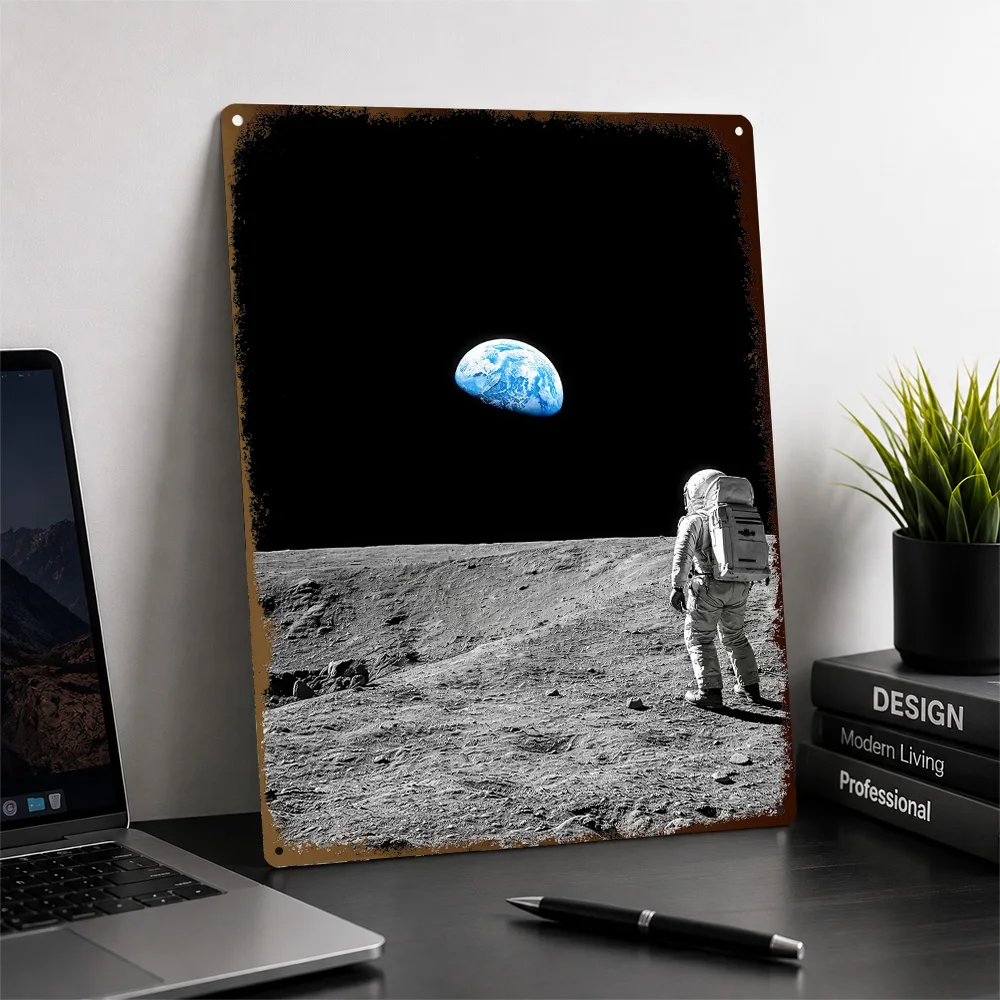 Astronaut On Moon Looking At Earth Textured Metal Poster Photographic Wall Art For Home Theater Personalized Aluminum Sign Gift