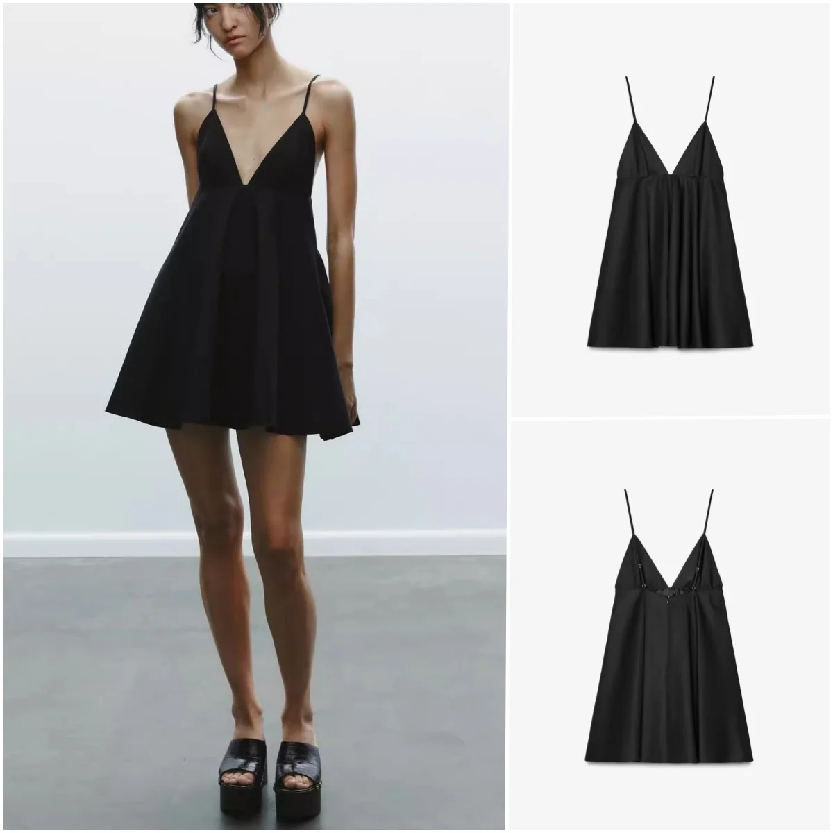Primavera nueva mujer Hepburn Little Bla Dr vestido de noche Correa V-ne ort Dr cintura alta No Sve fibra de poliéster