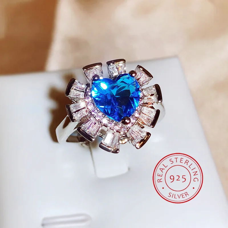 New Bright Luminous Love By Diamond-shaped Color Sapphire Diamond Ring Female Multi-faceted Zircon Jewelry Bridal Party Gift