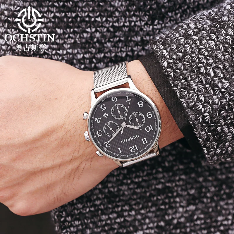 OCHSTIN Men's Elegant Business Watch Built Solid Alloy Frame Anti-rust Ventilated Stainless Steel Mesh Strap Quartz Clock