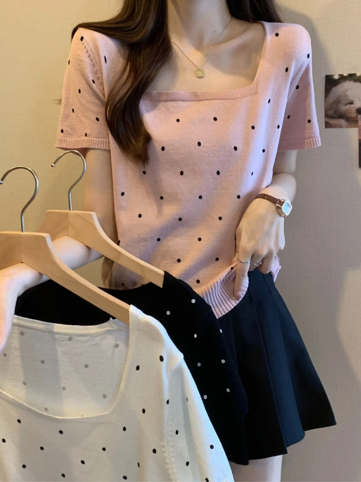 

Slimming Effect Short Knitted T-shirt Women's plus Size Square Collar Small Polka Dot Casual Top Korean Style Loose Fit