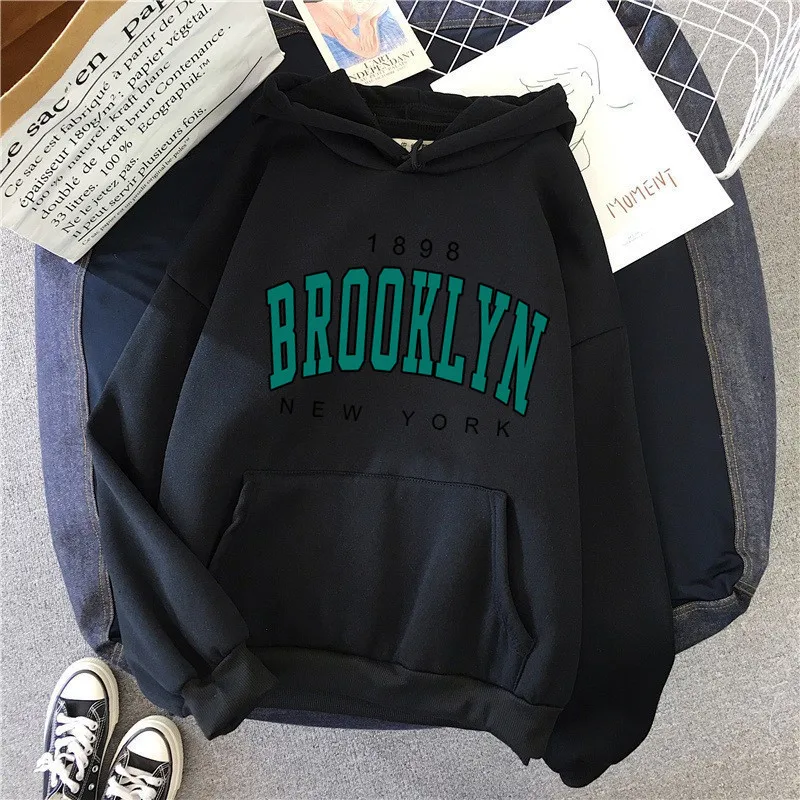 Women's Men's Gray Brooklyn New York Print Oversized Hoodie Casual Loose Long Sleeve Pullover Streetwear Unisex Sweatshirt