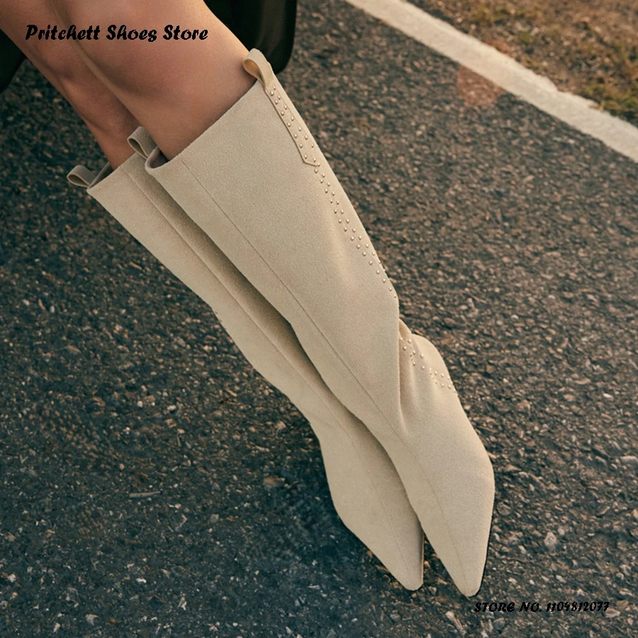 

Женские сапоги до колена с заклепками и украшением, весенне-осенняя обувь на уличном стиле, модные современные сапоги на низком каблуке с острым носком