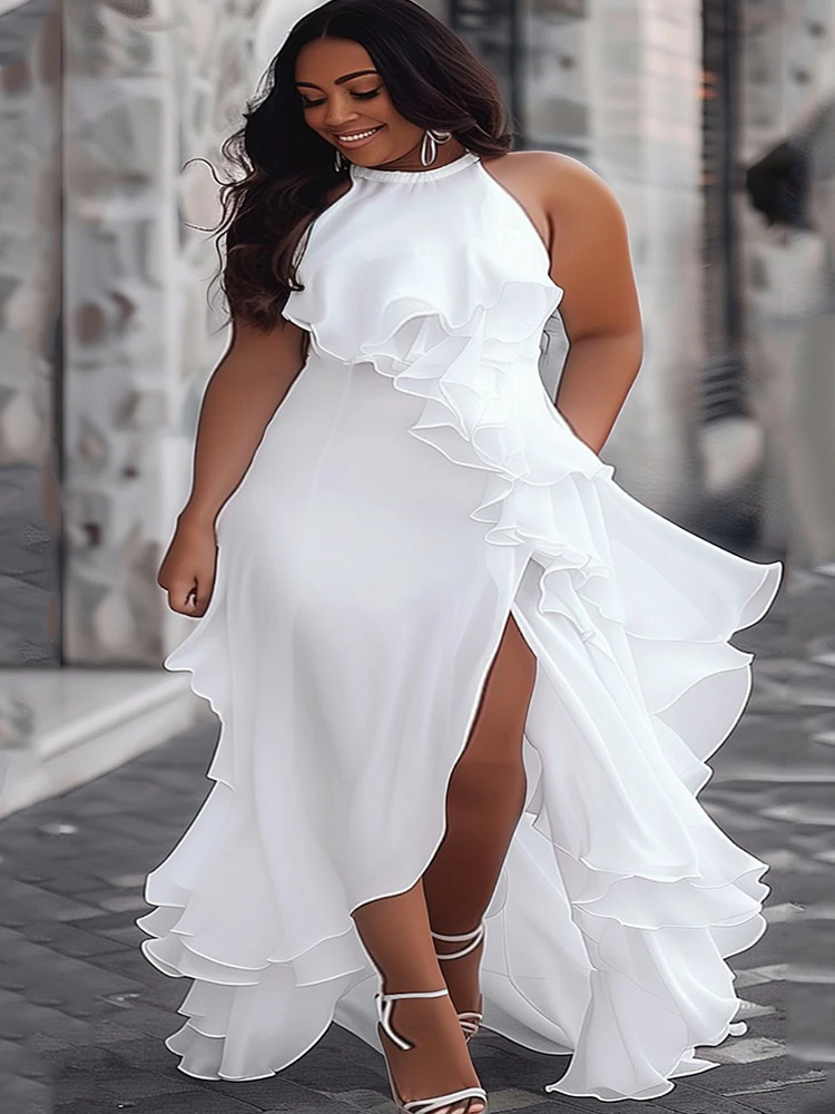 Beautyblue Plus Size Dresses for Women Evening Wedding Prom Long Dresses White New Luxury Zipper Layered Ruffled Lady Robe L-5XL