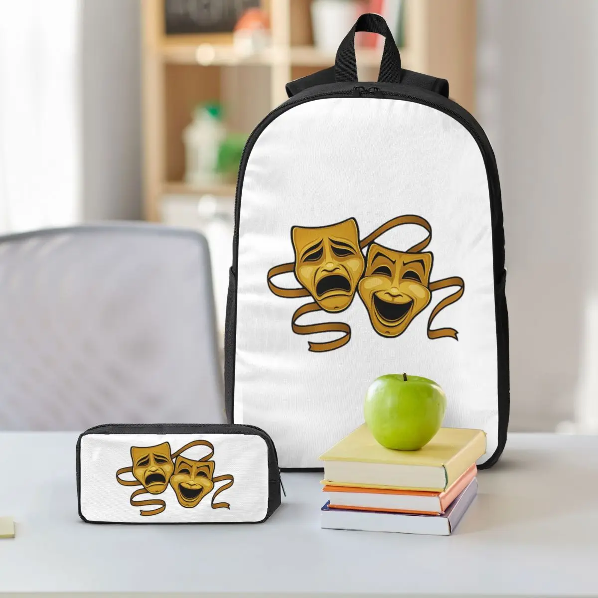 Gold Comedy And Tragedy Theater Backpack Boys Girls BookBag School Bag Laptop Shoulder Bags 3ps Insulated Lunch Bag Pencil Case view 6
