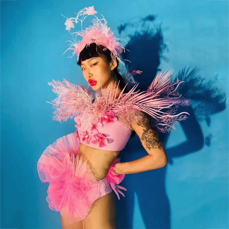 Costume da ballo sexy da palcoscenico da discoteca Guanti da body con fiori grandi Vestito da ballo Spettacolo di feste Cantante Ballerino Festival Abbigliamento XS2708