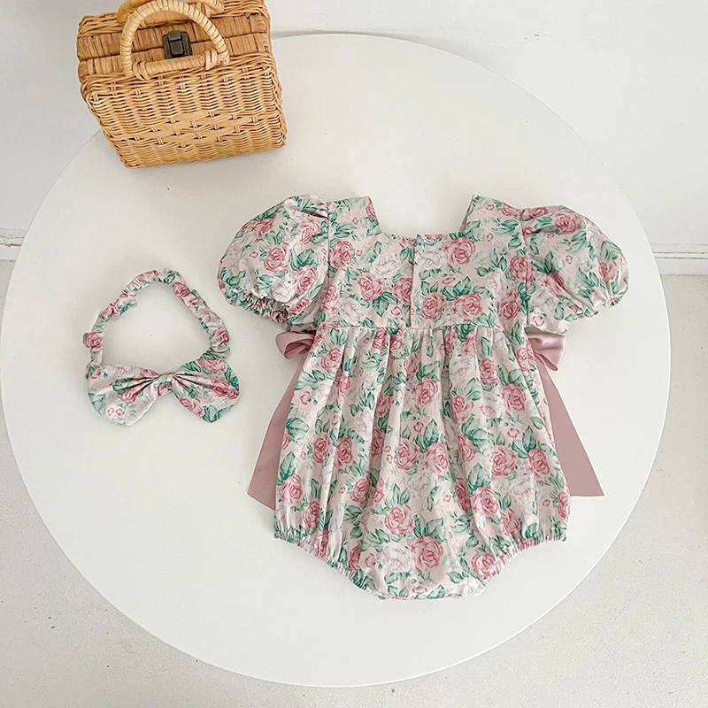 Korean Style Baby Girls Floral Romper+Hair 2pcs Band Kids Girls Short Sleeves Dress Child Baby Girls Summer Sister Clothing