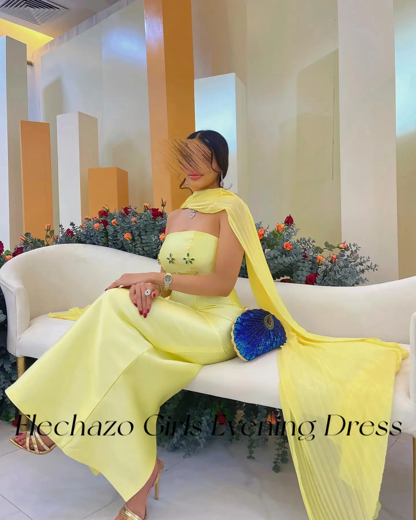 Flechazo-vestidos de cetim amarelo para mulheres, vestido sereia sem alças, cristal verde frisado, vestido de festa formal, gala, 2024