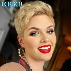 Lekker 613 Blonde Short Pixie Cut Bob 13X1 Lace Front Human Hair Wigs For Women Brazilian Remy Hair Classic Slicked Back Wigs